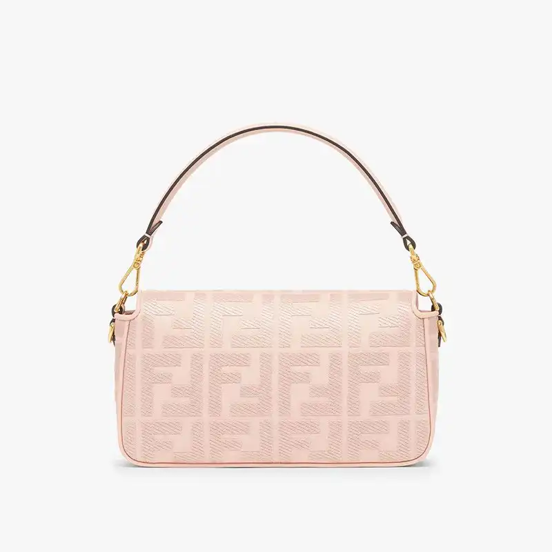 Affordable Fendi Medium Baguette Bag with Laser Cut Strap In FF Motif Canvas Pink HOT SALE