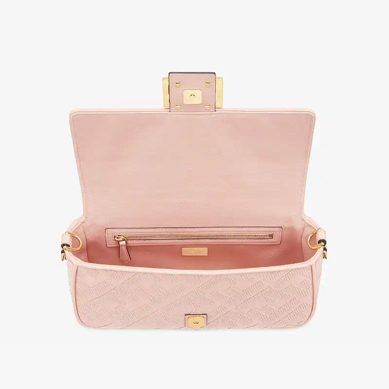 Affordable Fendi Medium Baguette Bag with Laser Cut Strap In FF Motif Canvas Pink HOT SALE