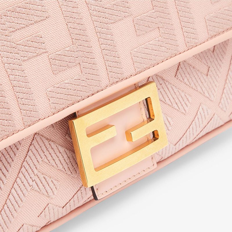 Affordable Fendi Medium Baguette Bag with Laser Cut Strap In FF Motif Canvas Pink