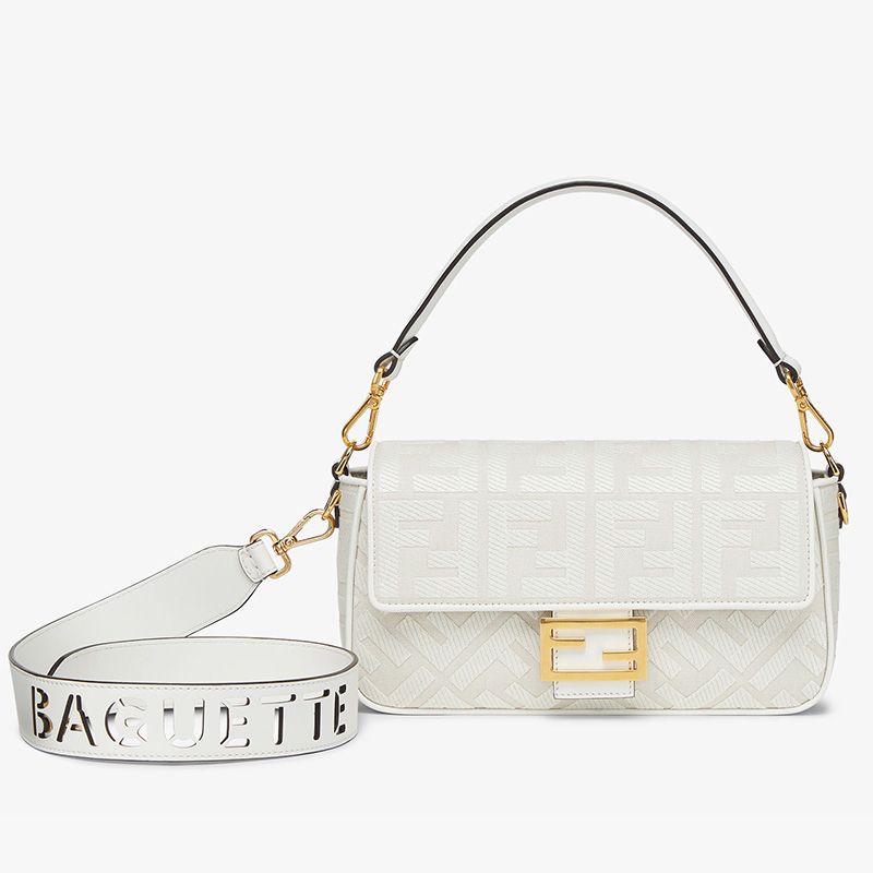 Affordable Fendi Medium Baguette Bag with Laser Cut Strap In FF Motif Canvas White