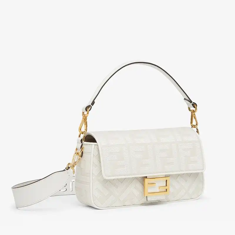 Affordable Fendi Medium Baguette Bag with Laser Cut Strap In FF Motif Canvas White