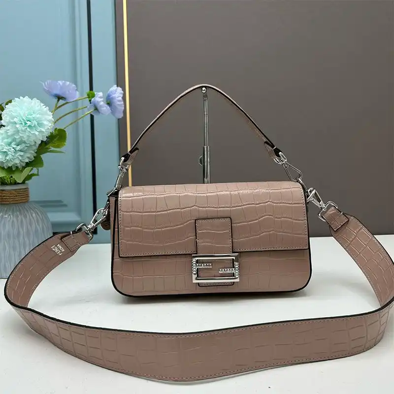 Fendi Medium Baguette Re-Edition Bag In Crocodile Leather Apricot