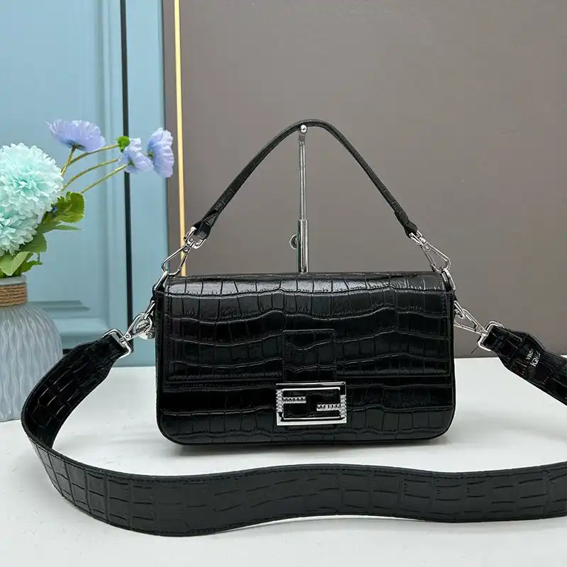 Fendi Medium Baguette Re-Edition Bag In Crocodile Leather Black