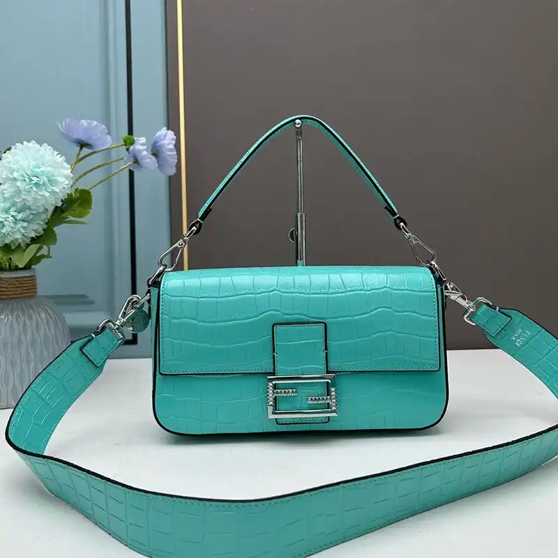 Fendi Medium Baguette Re-Edition Bag In Crocodile Leather Sky Blue