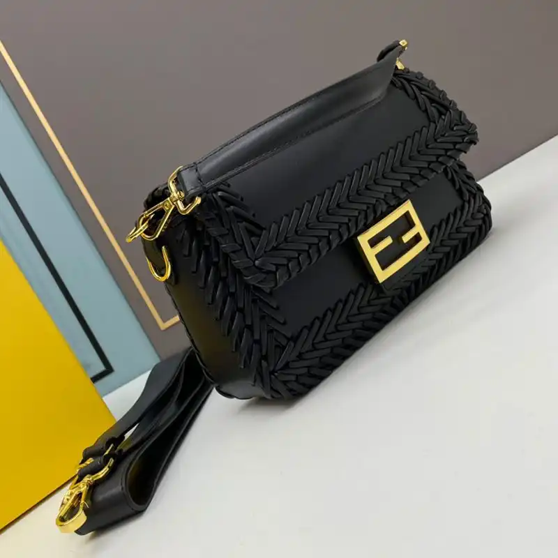 Affordable Fendi Medium Baguette Bag In Stitching Leather Black HOT SALE