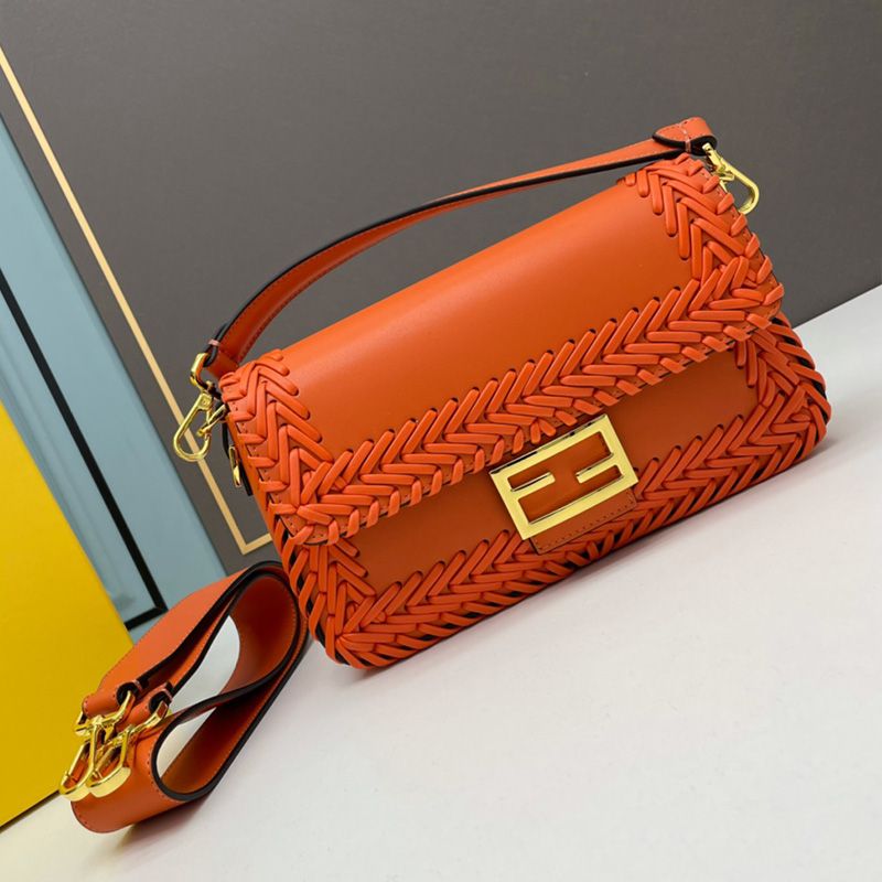 Affordable Fendi Medium Baguette Bag In Stitching Leather Orange