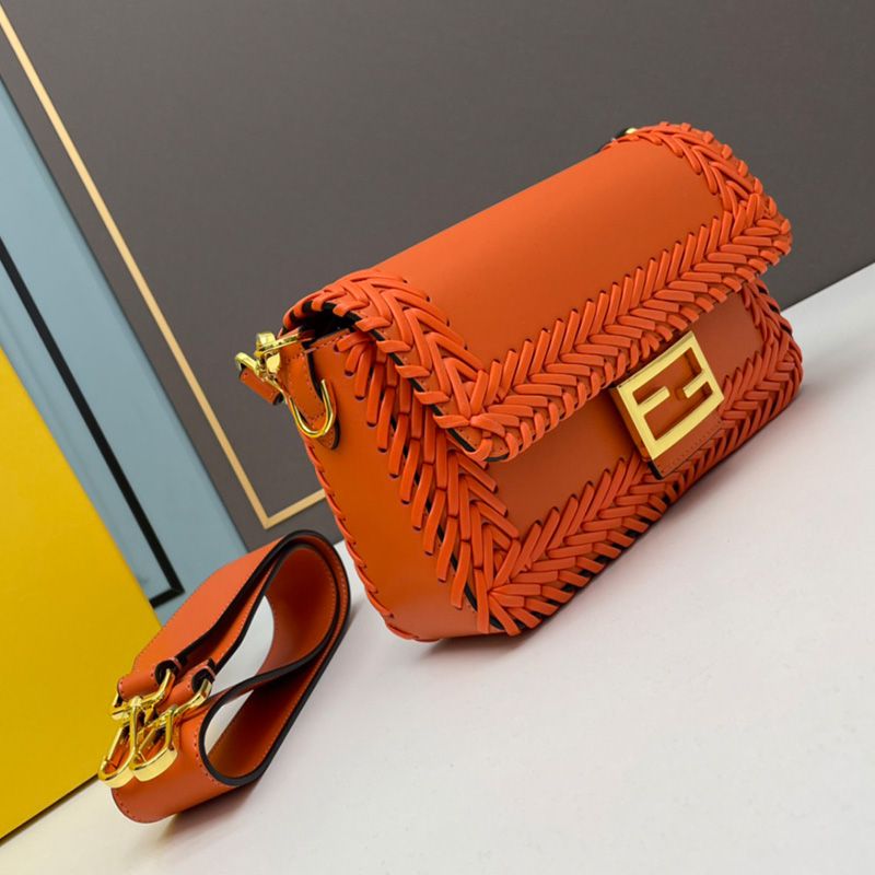 Affordable Fendi Medium Baguette Bag In Stitching Leather Orange