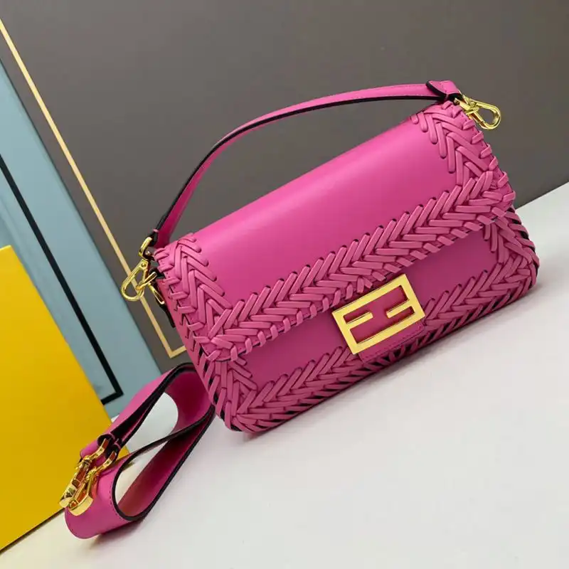 Fendi Medium Baguette Bag In Stitching Leather Rose HOT SALE