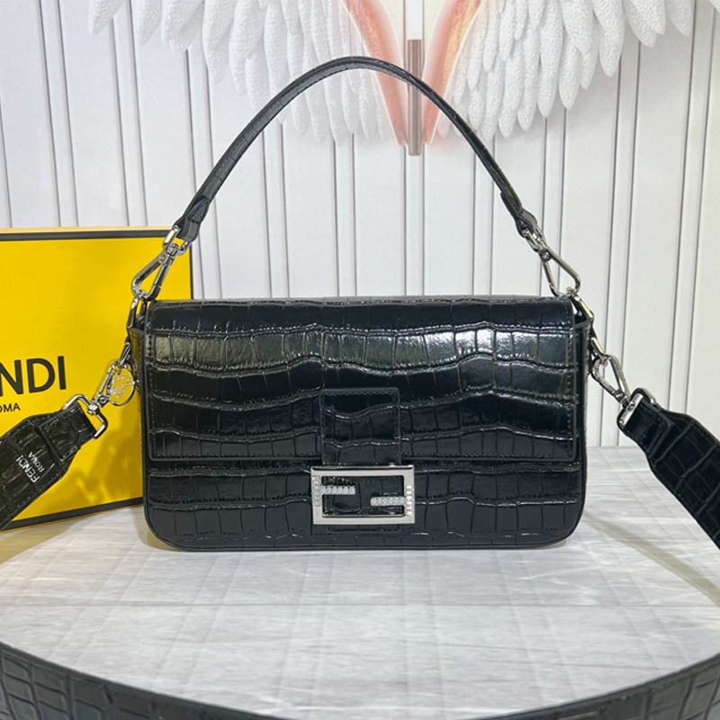 Affordable Fendi Medium Baguette Bag In Tiffany Crocodile Leather Black