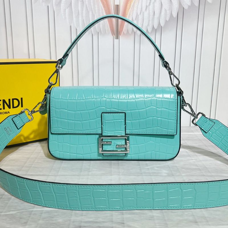 Affordable Fendi Medium Baguette Bag In Tiffany Crocodile Leather Blue