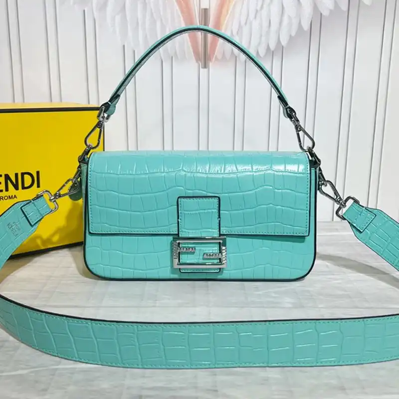 Fendi Medium Baguette Bag In Tiffany Crocodile Leather Blue