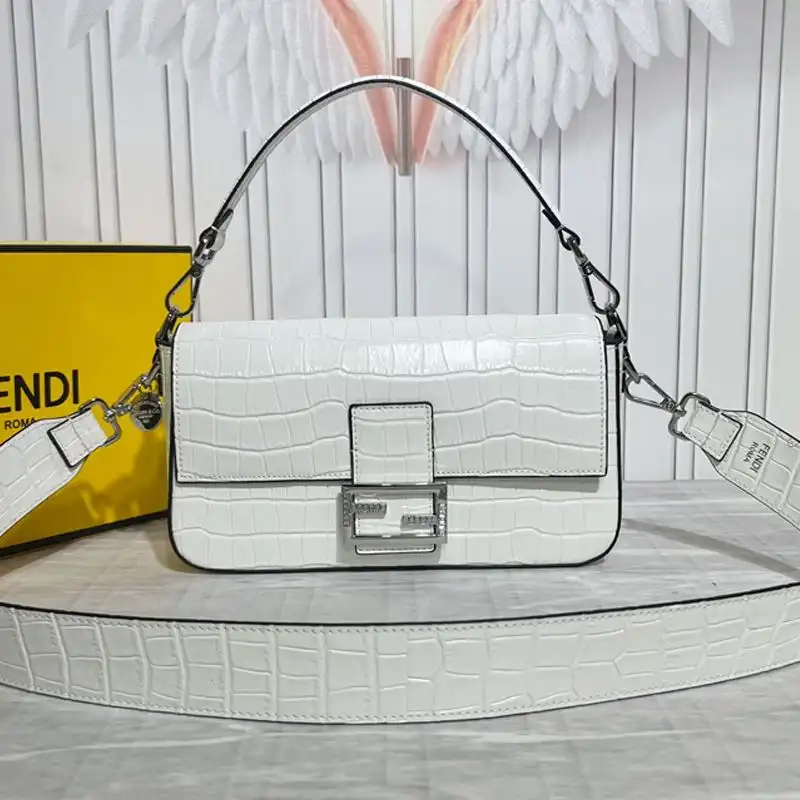 Fendi Medium Baguette Bag In Tiffany Crocodile Leather White