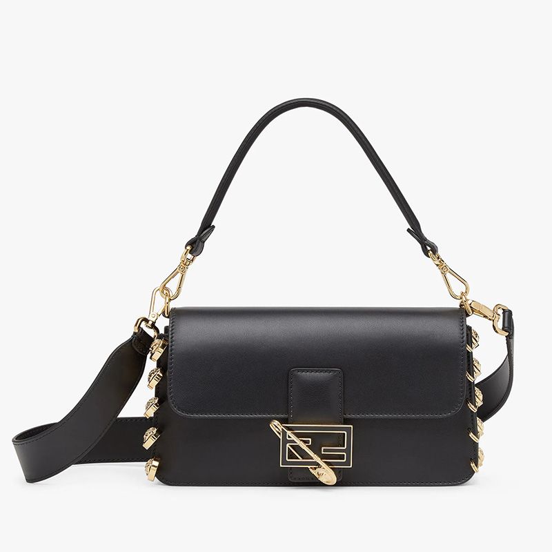 Affordable Fendi Medium Baguette Bag In Calf Leather with Fendace Pin Brooches Black