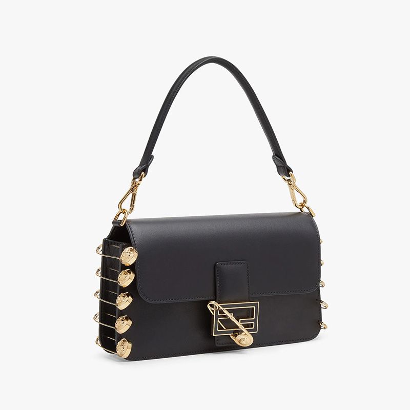 Affordable Fendi Medium Baguette Bag In Calf Leather with Fendace Pin Brooches Black