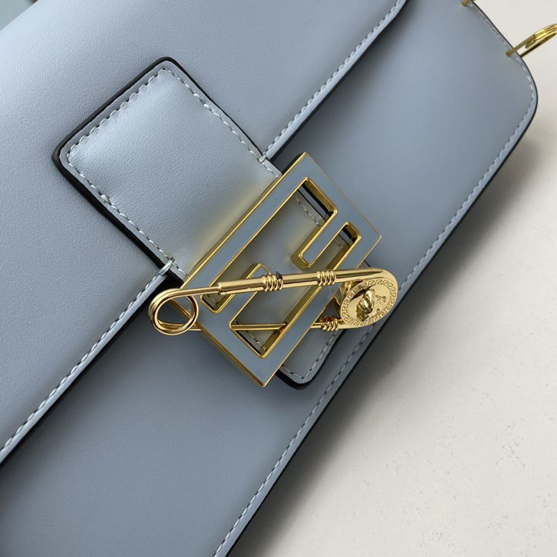 Affordable Fendi Medium Baguette Bag In Calf Leather with Fendace Pin Brooches Sky Blue