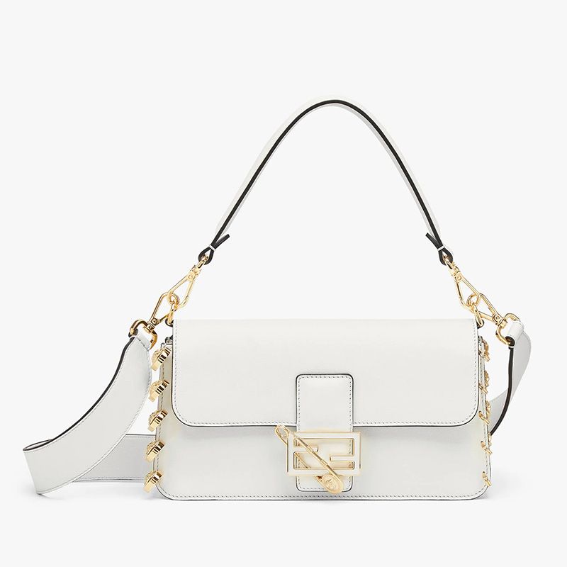 Affordable Fendi Medium Baguette Bag In Calf Leather with Fendace Pin Brooches White