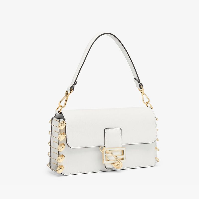 Affordable Fendi Medium Baguette Bag In Calf Leather with Fendace Pin Brooches White