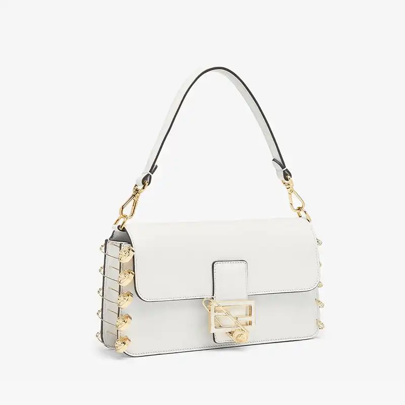 Cheap Fendi Medium Baguette Bag In Calf Leather with Fendace Pin Brooches White