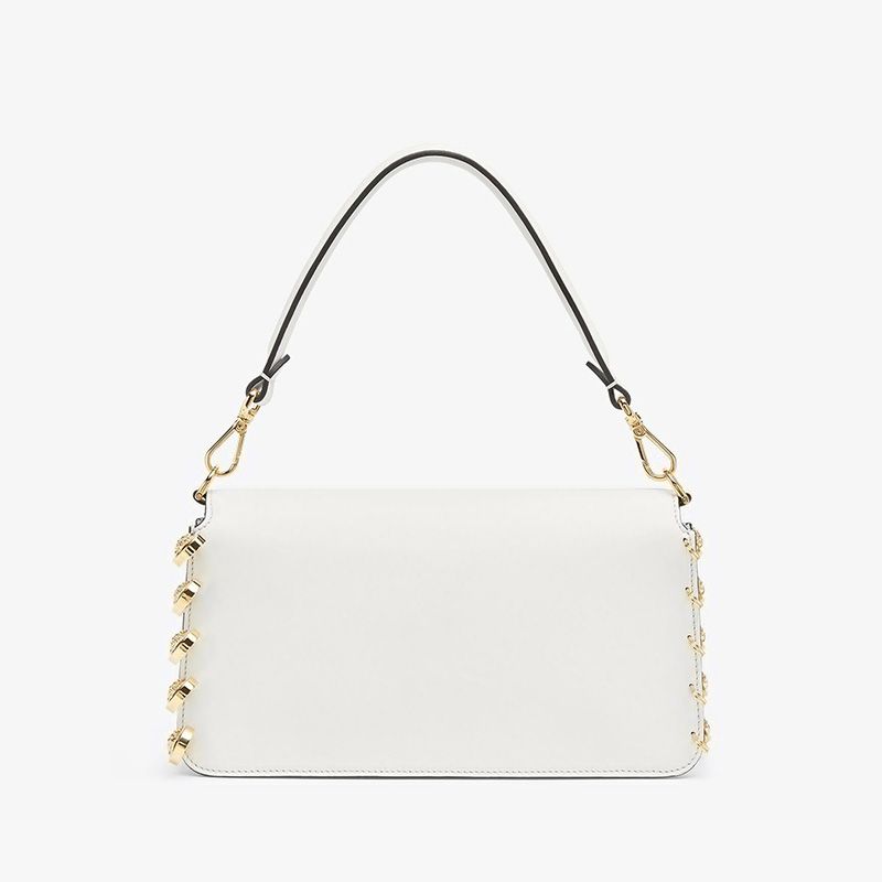 Affordable Fendi Medium Baguette Bag In Calf Leather with Fendace Pin Brooches White