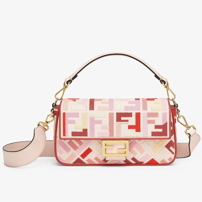 Affordable Fendi Medium Baguette Bag In FF Motif Canvas Pink Red