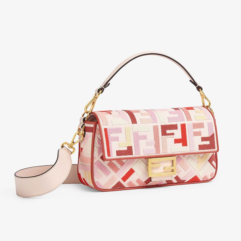 Affordable Fendi Medium Baguette Bag In FF Motif Canvas Pink Red