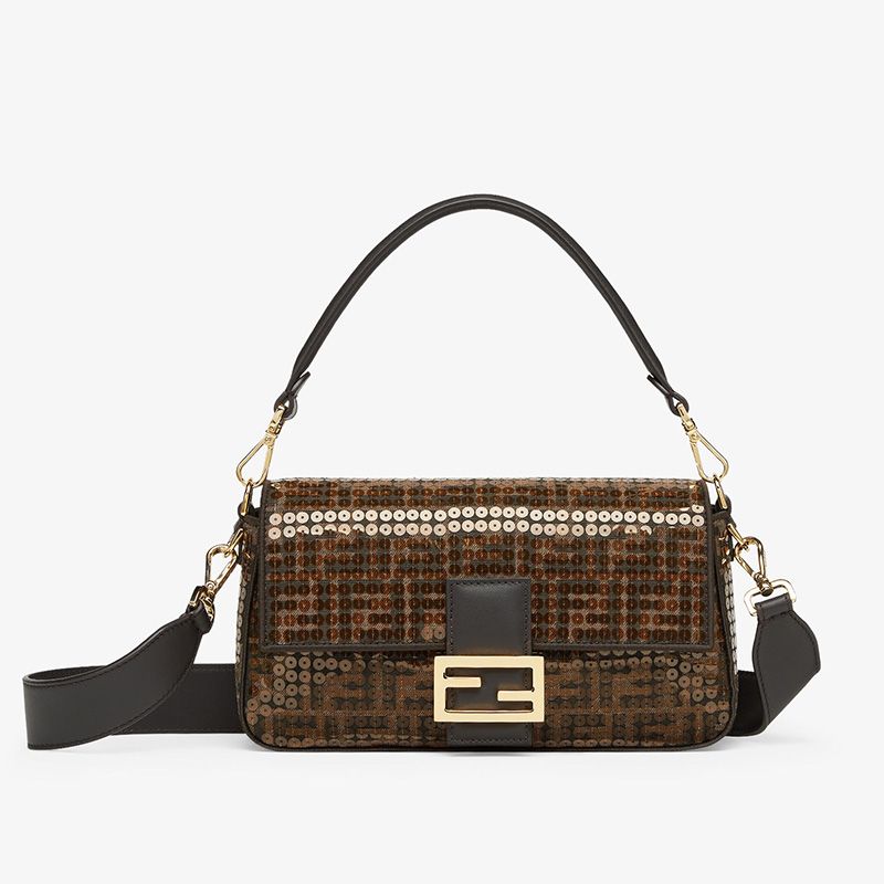 Affordable Fendi Medium Baguette Bag In FF Motif Fabric with Sequins Brown