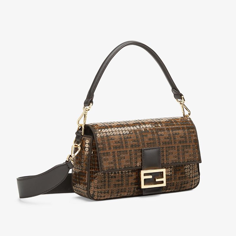 Affordable Fendi Medium Baguette Bag In FF Motif Fabric with Sequins Brown