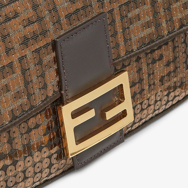 Affordable Fendi Medium Baguette Bag In FF Motif Fabric with Sequins Brown