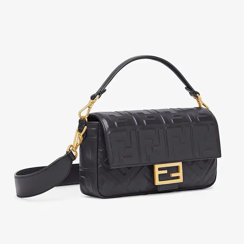 Cheap Fendi Medium Baguette Bag In FF Motif Nappa Leather Black HOT SALE