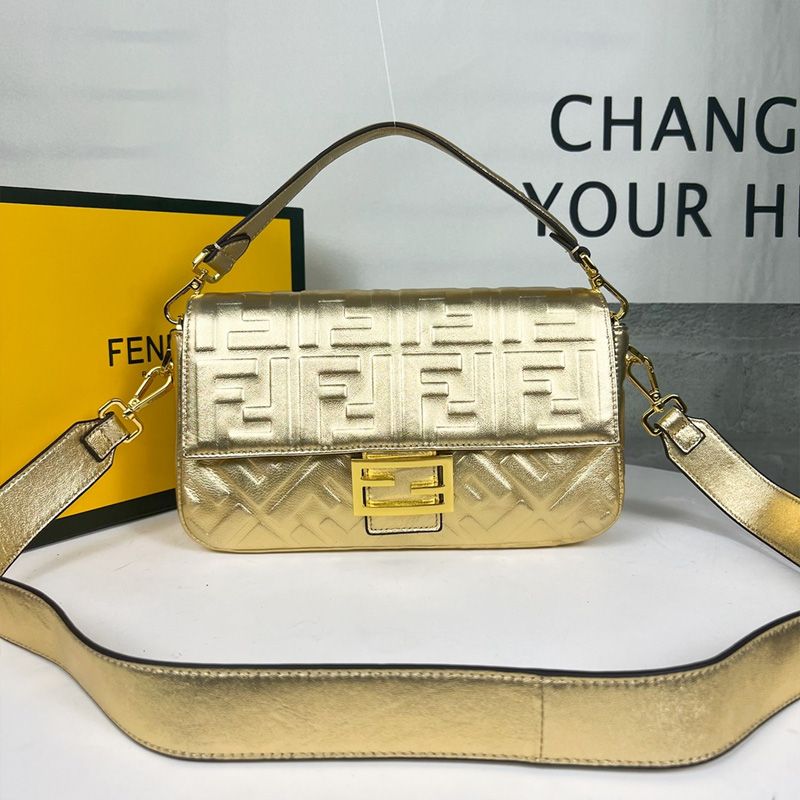 Affordable Fendi Medium Baguette Bag In FF Motif Nappa Leather Gold