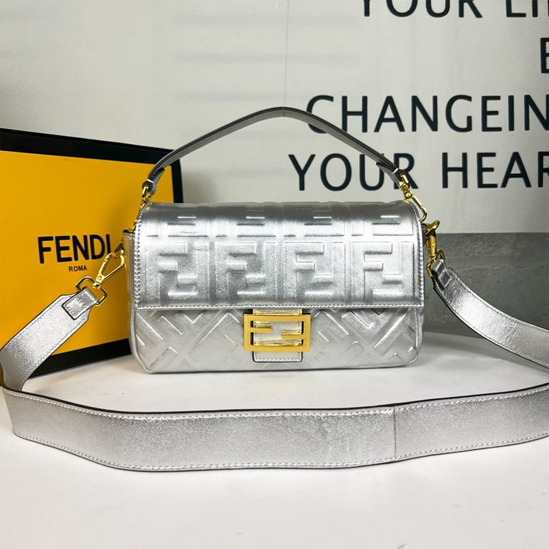 Affordable Fendi Medium Baguette Bag In FF Motif Nappa Leather Silver