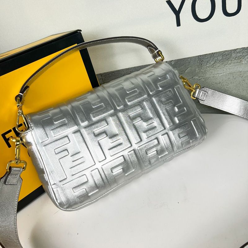 Affordable Fendi Medium Baguette Bag In FF Motif Nappa Leather Silver