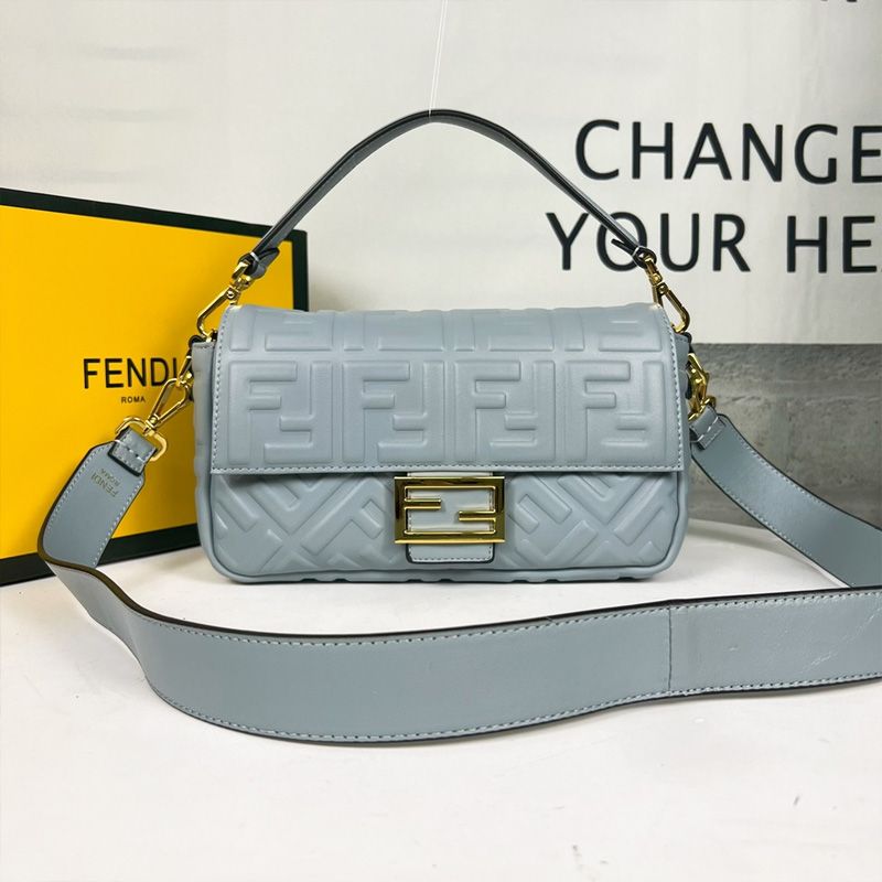 Affordable Fendi Medium Baguette Bag In FF Motif Nappa Leather Sky Blue