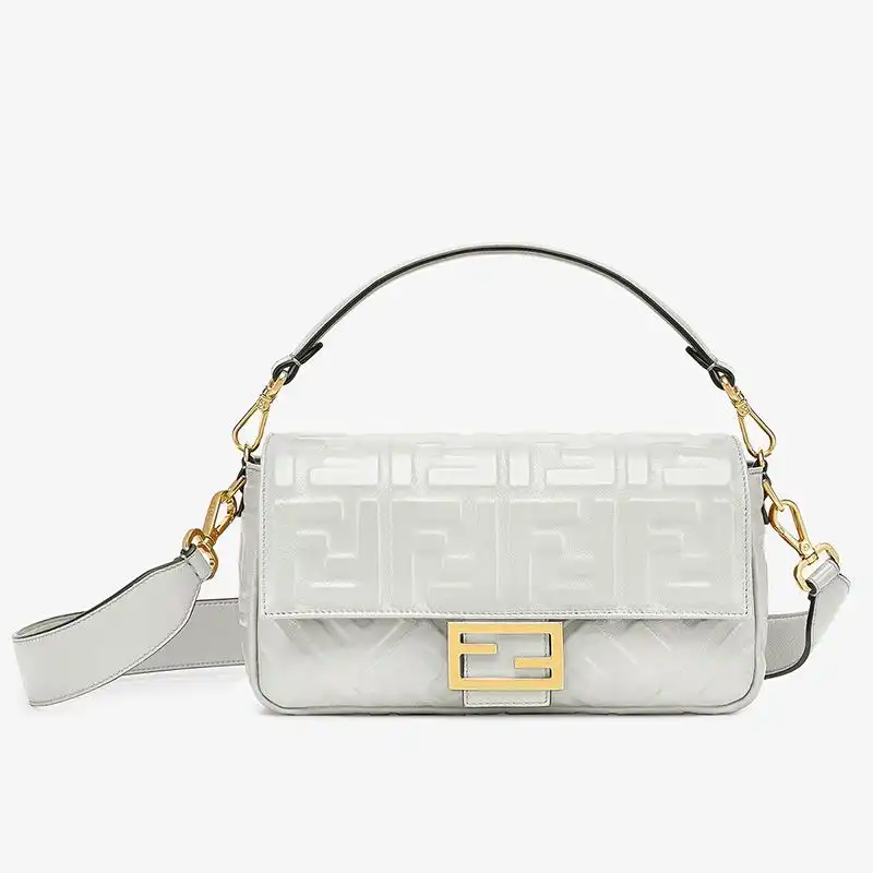 Fendi Medium Baguette Bag In FF Motif Nappa Leather White