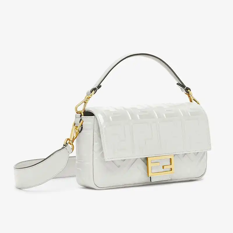 Cheap Fendi Medium Baguette Bag In FF Motif Nappa Leather White