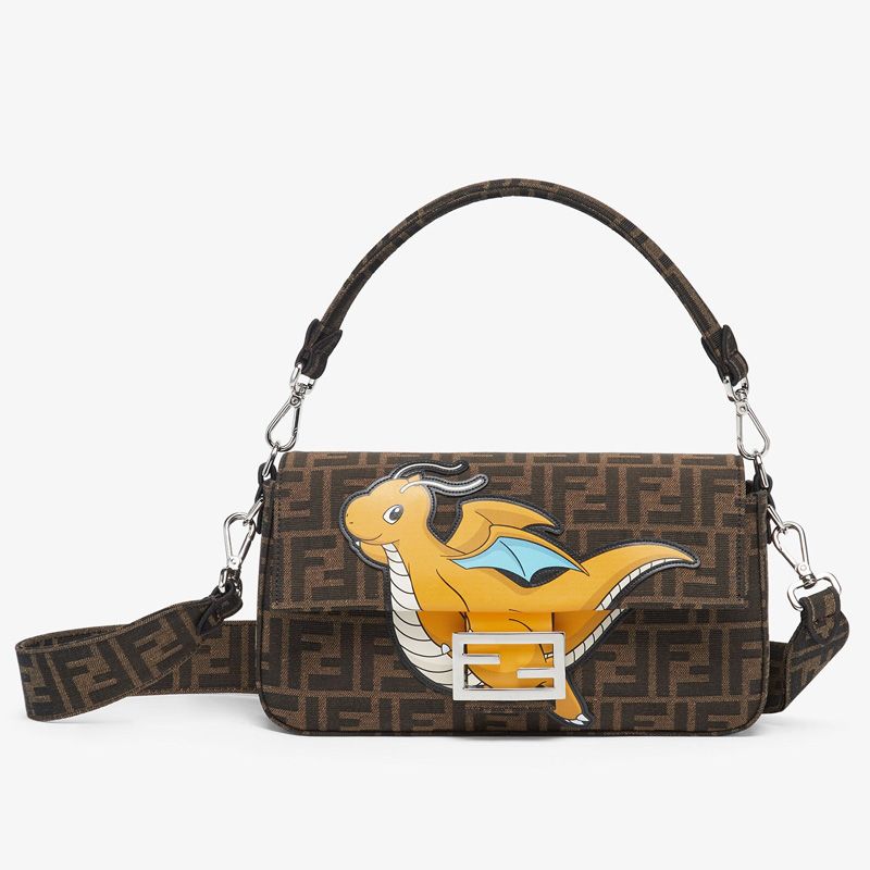 HOT Fendi Medium Baguette Bag In Pokmon Dragon FF Motif Fabric Brown Yellow