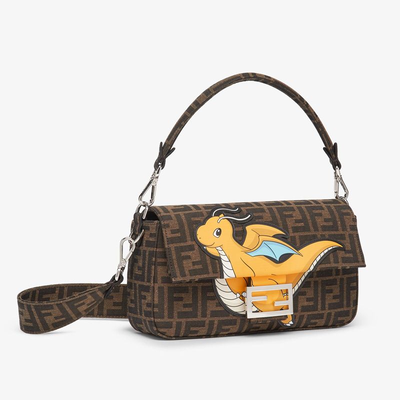 HOT Fendi Medium Baguette Bag In Pokmon Dragon FF Motif Fabric Brown Yellow