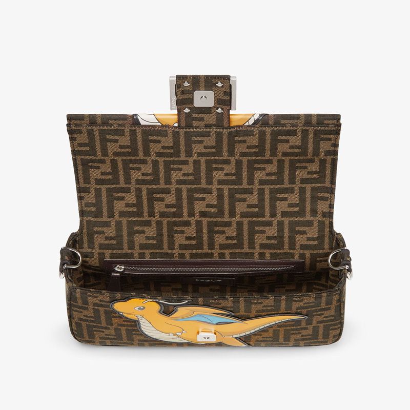 HOT Fendi Medium Baguette Bag In Pokmon Dragon FF Motif Fabric Brown Yellow