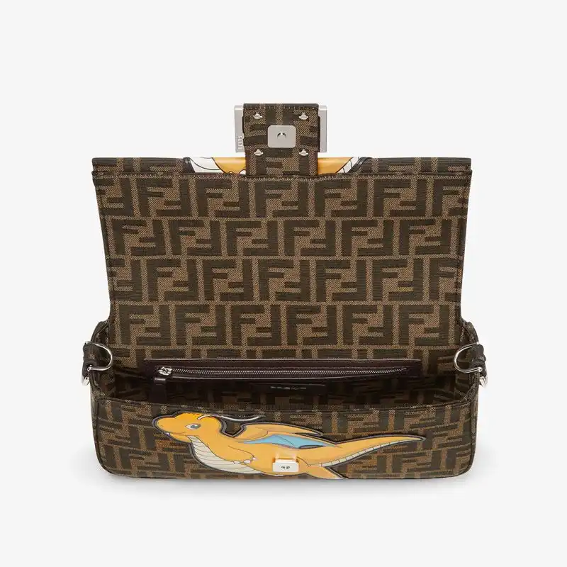 Affordable Fendi Medium Baguette Bag In Pokmon Dragon FF Motif Fabric Brown Yellow