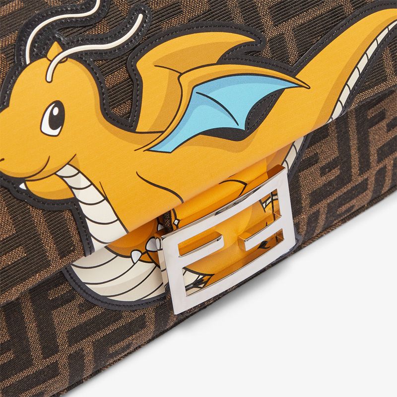 HOT Fendi Medium Baguette Bag In Pokmon Dragon FF Motif Fabric Brown Yellow