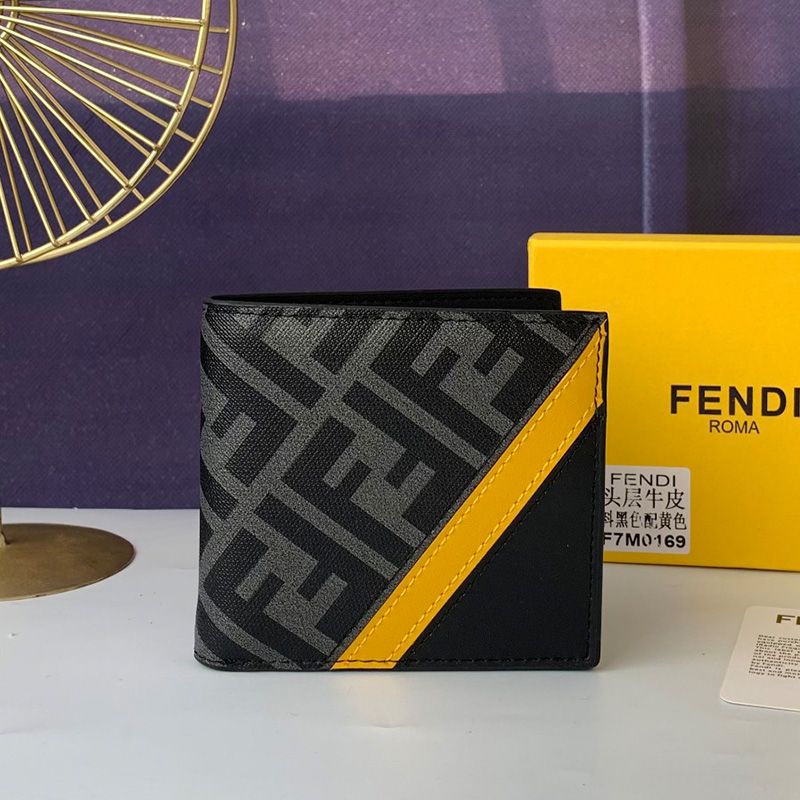 Affordable Fendi Bi-fold Wallet In FF Motif Fabric Black Yellow