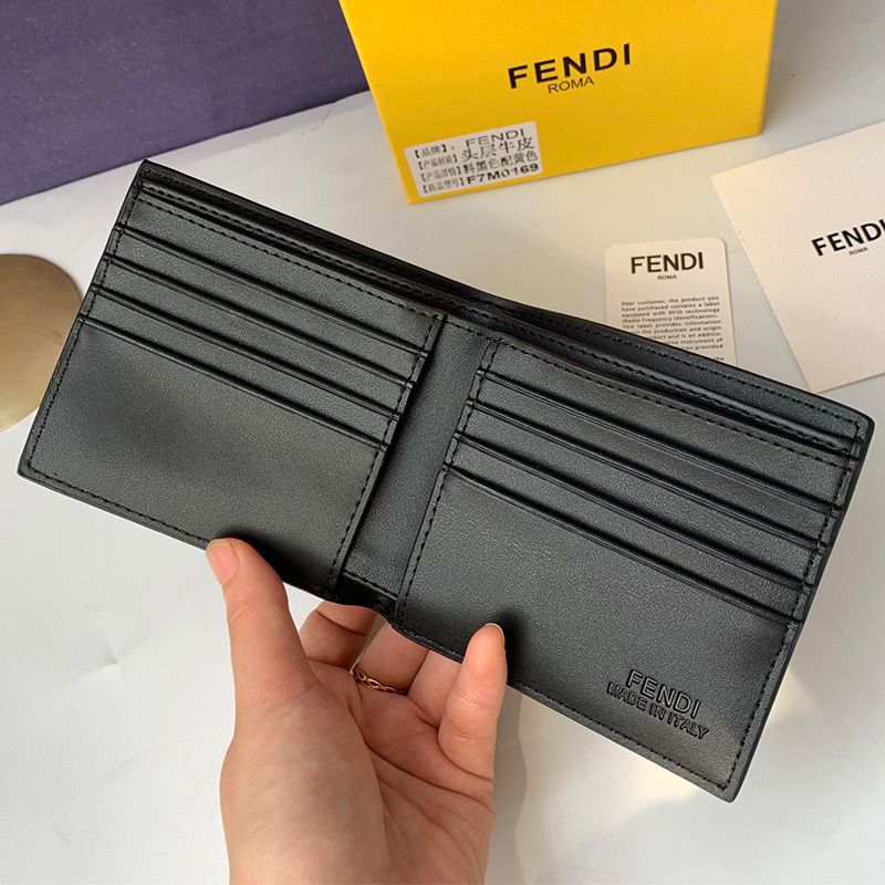 Affordable Fendi Bi-fold Wallet In FF Motif Fabric Black Yellow