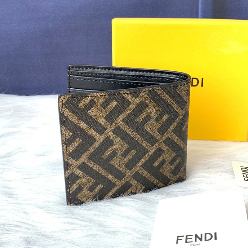 Affordable Fendi Bi-fold Wallet In FF Motif Fabric Brown Coffee