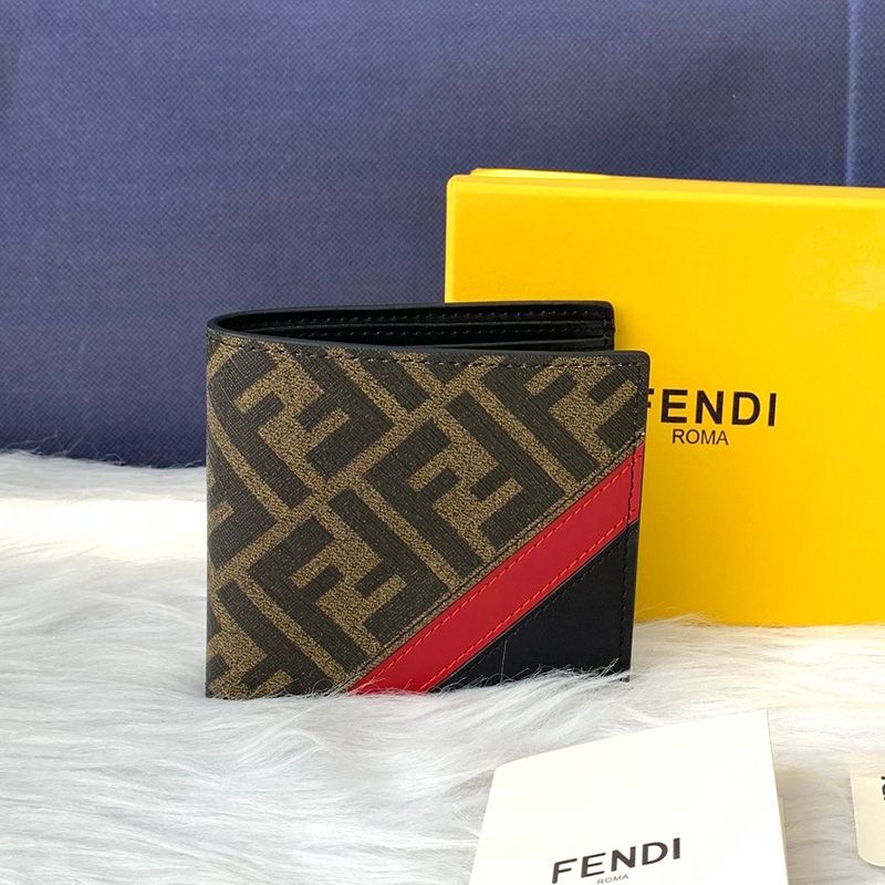 Affordable Fendi Bi-fold Wallet In FF Motif Fabric Brown Red