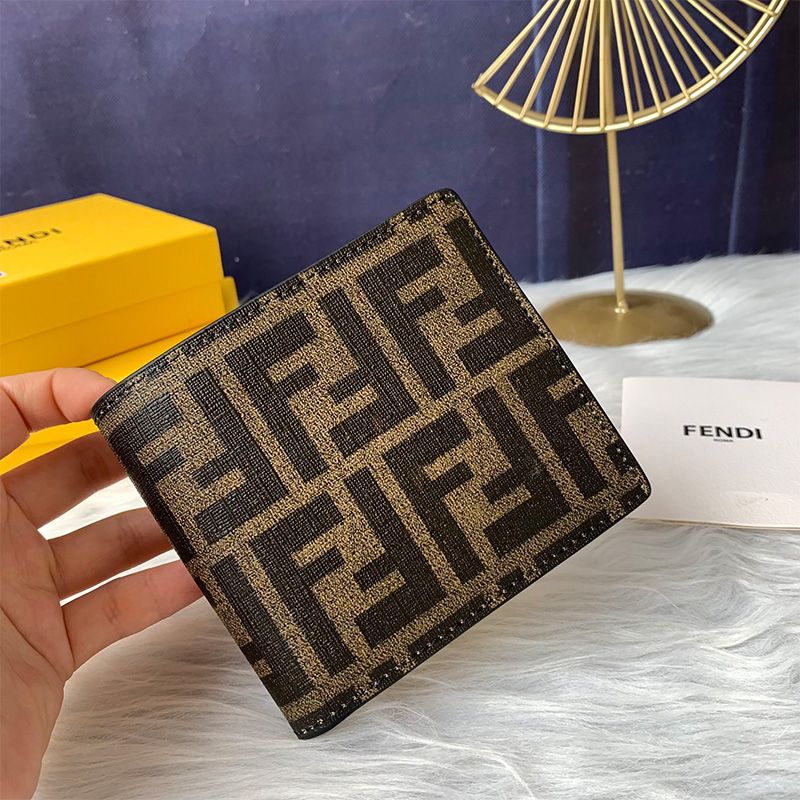 Affordable Fendi Bi-fold Wallet In FF Motif Fabric Coffee