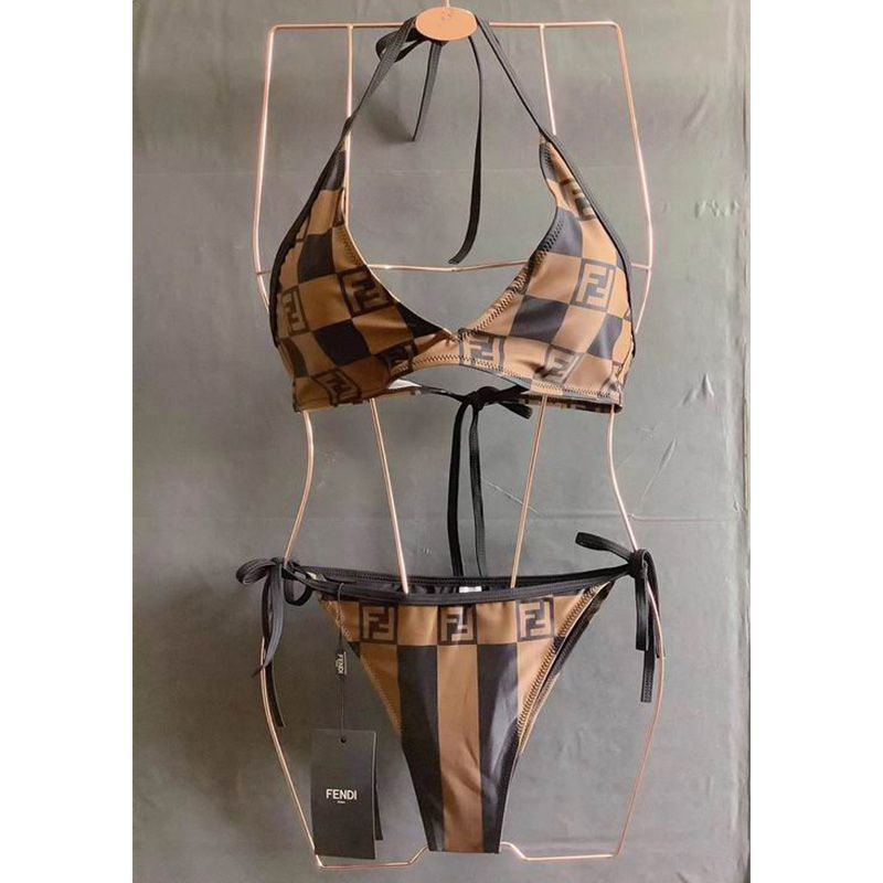 Affordable Fendi Bikini with Ties Women Vichy Pequin Motif Lycra Brown