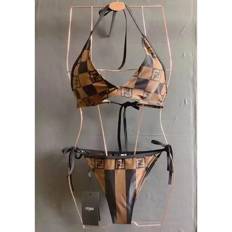 Affordable Fendi Bikini with Ties Women Vichy Pequin Motif Lycra Brown HOT SALE