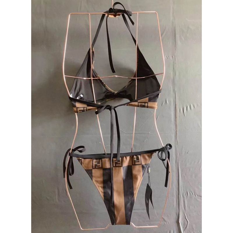 Affordable Fendi Bikini with Ties Women Vichy Pequin Motif Lycra Brown