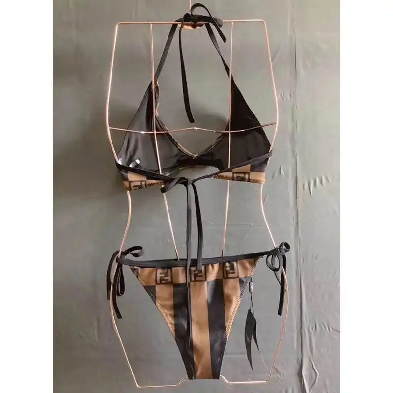 Affordable Fendi Bikini with Ties Women Vichy Pequin Motif Lycra Brown HOT SALE