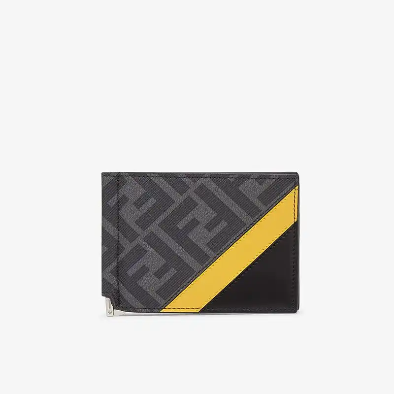 Affordable Fendi Bill Clip In FF Motif Fabric Black Yellow